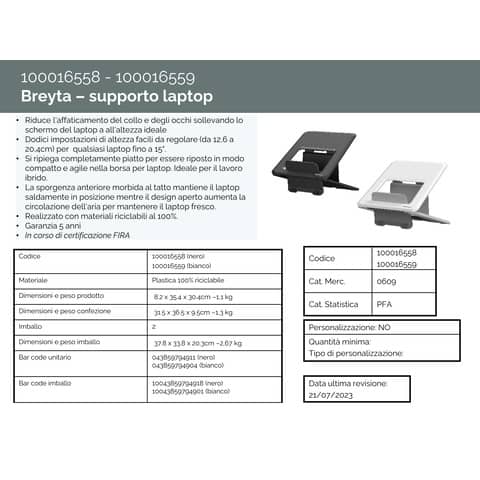 Supporto per laptop fino a 15'' Fellowes Breyta™ 8,2x35,4x30,4 cm regolabile nero 100016558